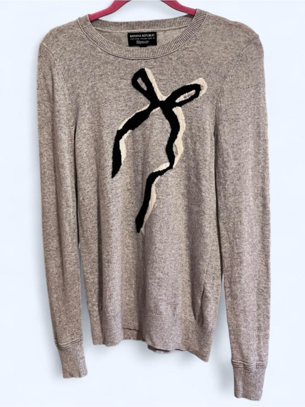 Merino Cashmere Blend Women’s Gray Crewneck Sweater with Black & White Bow